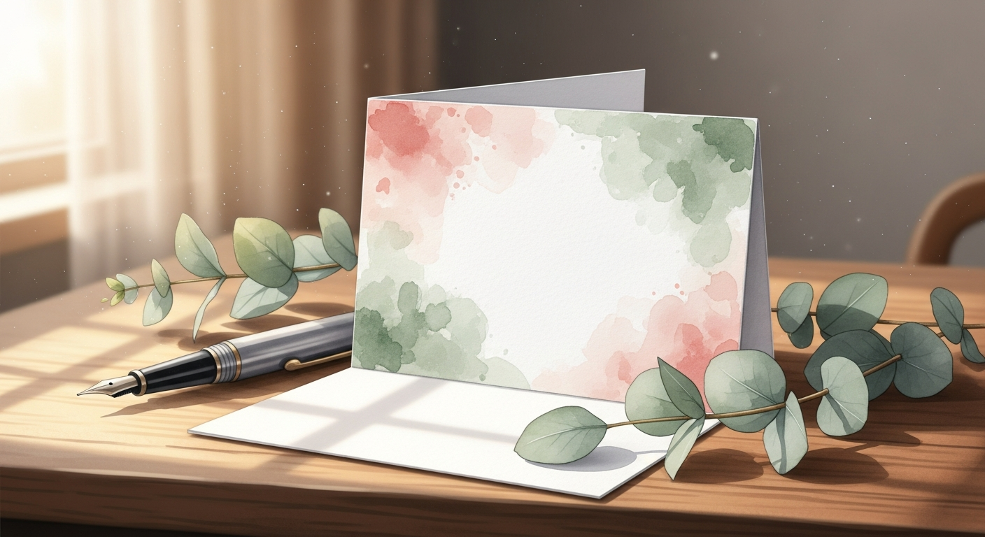 A handwritten greeting card on a wooden desk with eucalyptus and a fountain pen