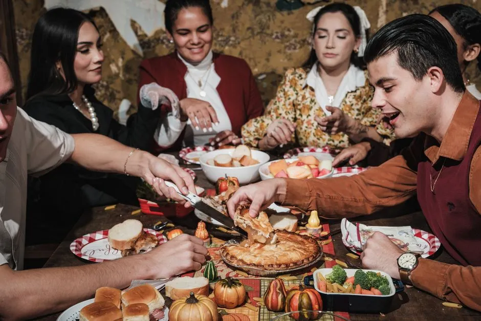 A festive Thanksgiving dinner table set for a family gathering