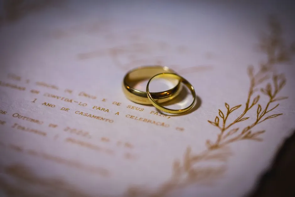 Gold wedding rings resting on a wedding invitation